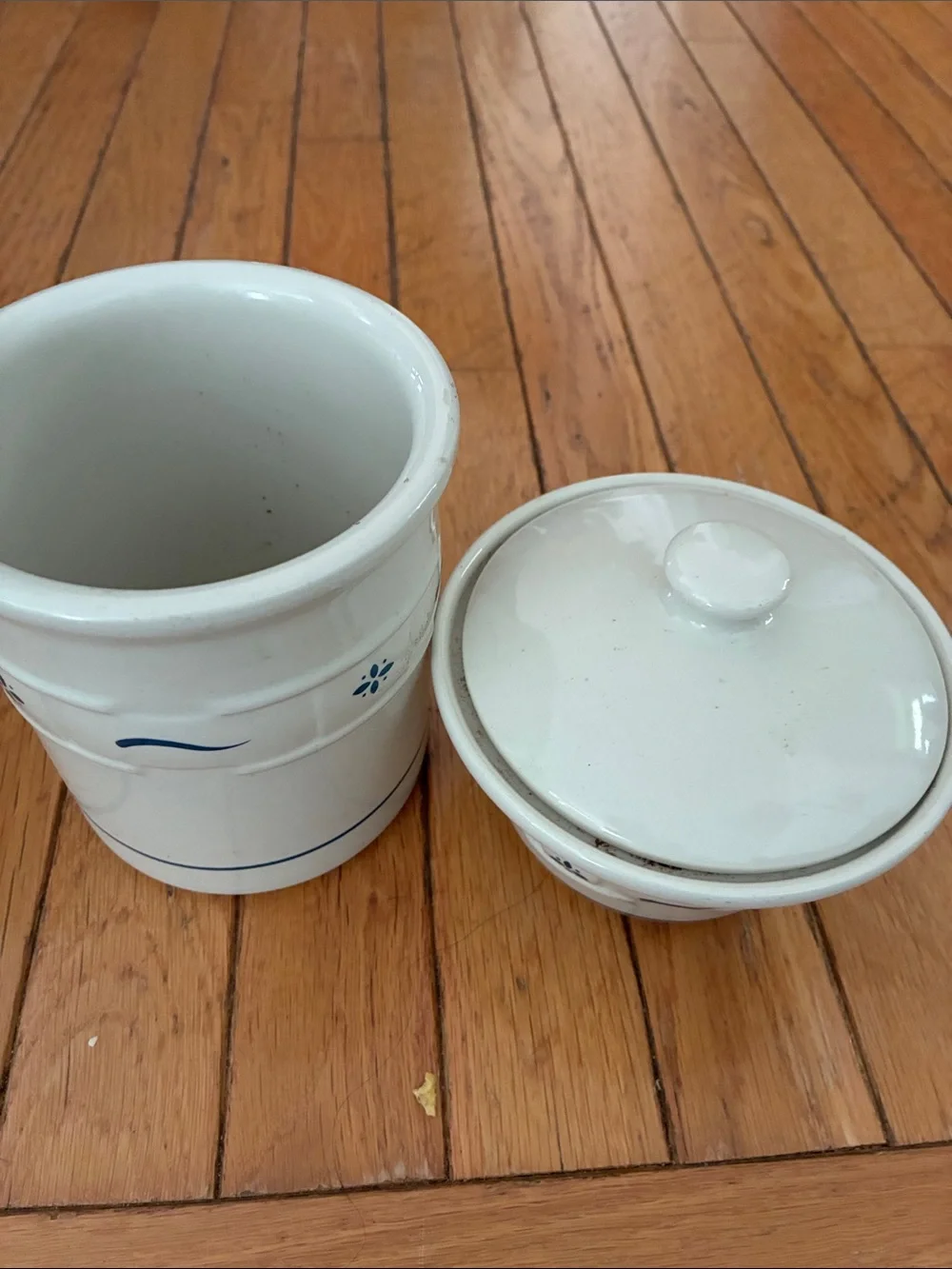 Longaberger White Ceramic Canister and Lidded butter Dish with Blue Trim vintage